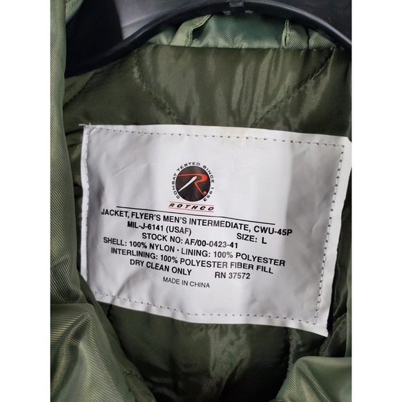 Rothco Jacket Flyers Intermediate CWU-45P Bomber Men L OD Green Insulated Zip Up - Picture 2 of 10
